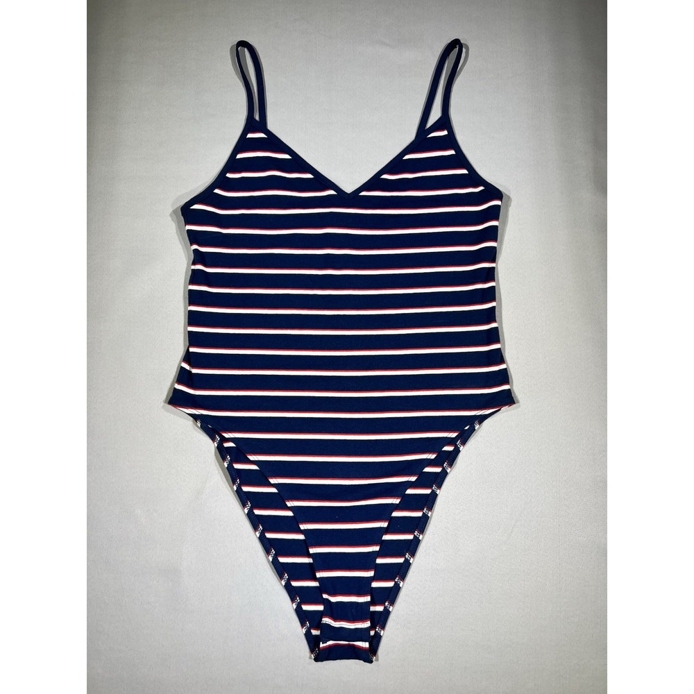 H&M Women's Navy Blue Striped Cotton Bodysuit With Snap Closure Size Medium‎